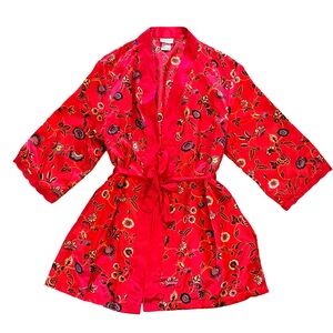 Delta Burke Red Floral Satin Kimono Robe With Lace Trim 3x